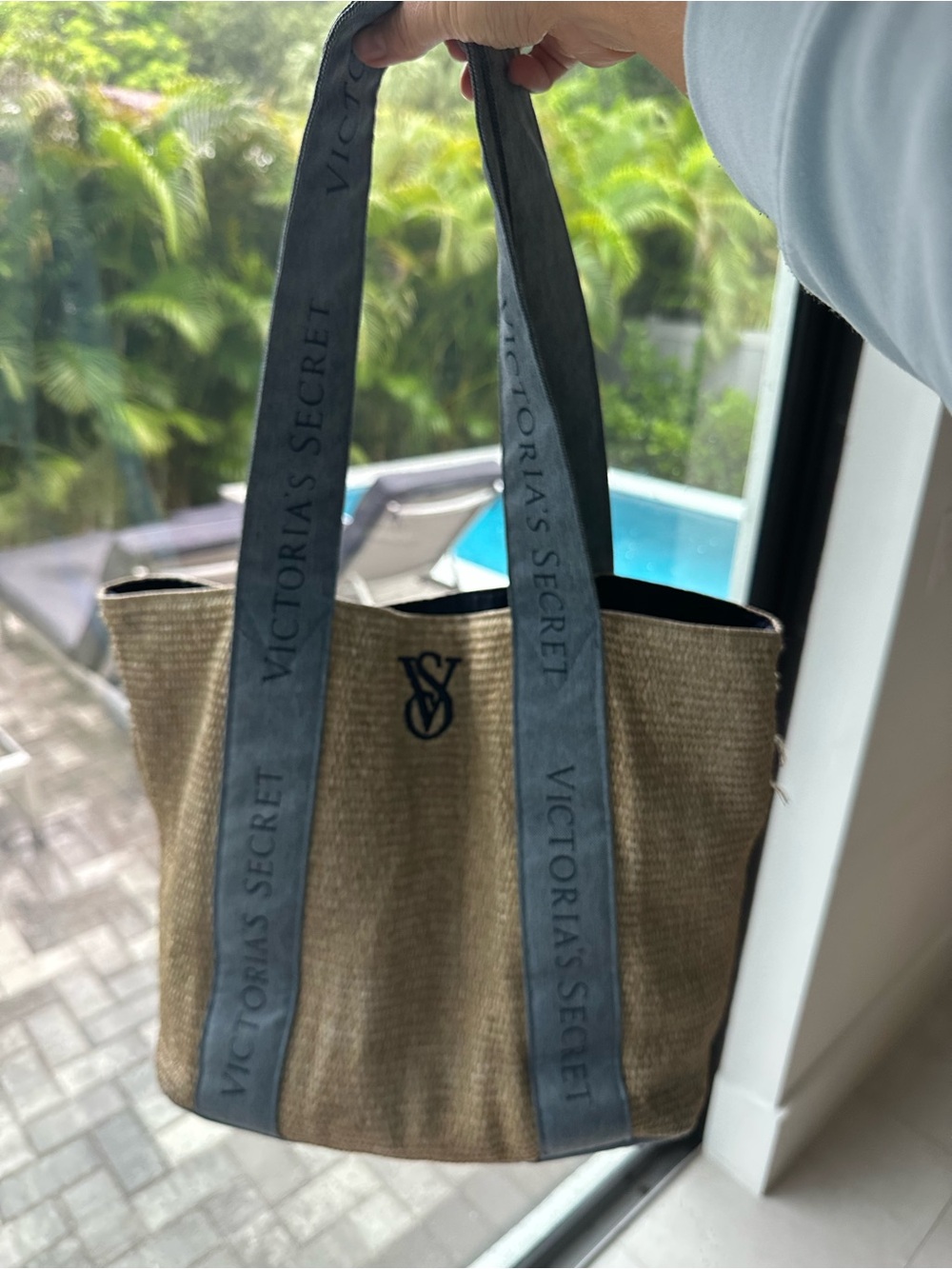 Victoria's Secret Natural Straw Tote with Blue-Gray Logo Straps